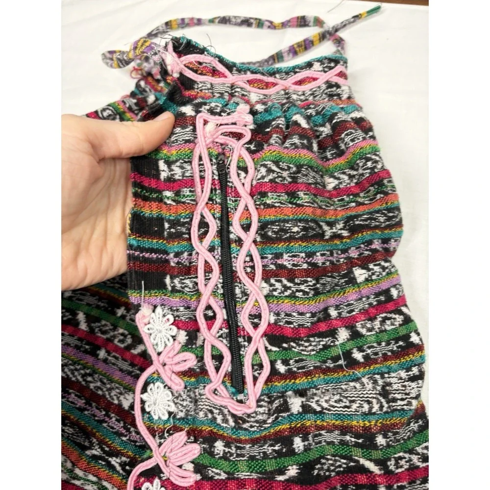 Vintage Boho Woven Apron Multicolor Ethnic‎ Stripe Pink Floral Trim Zipper 48''
